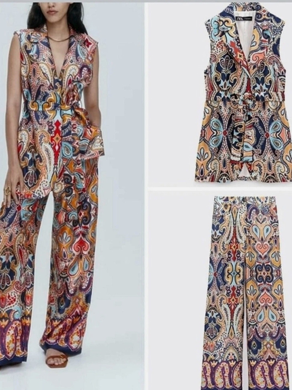 Zara Printed Set (Wide Pants Size L) Vest Size M